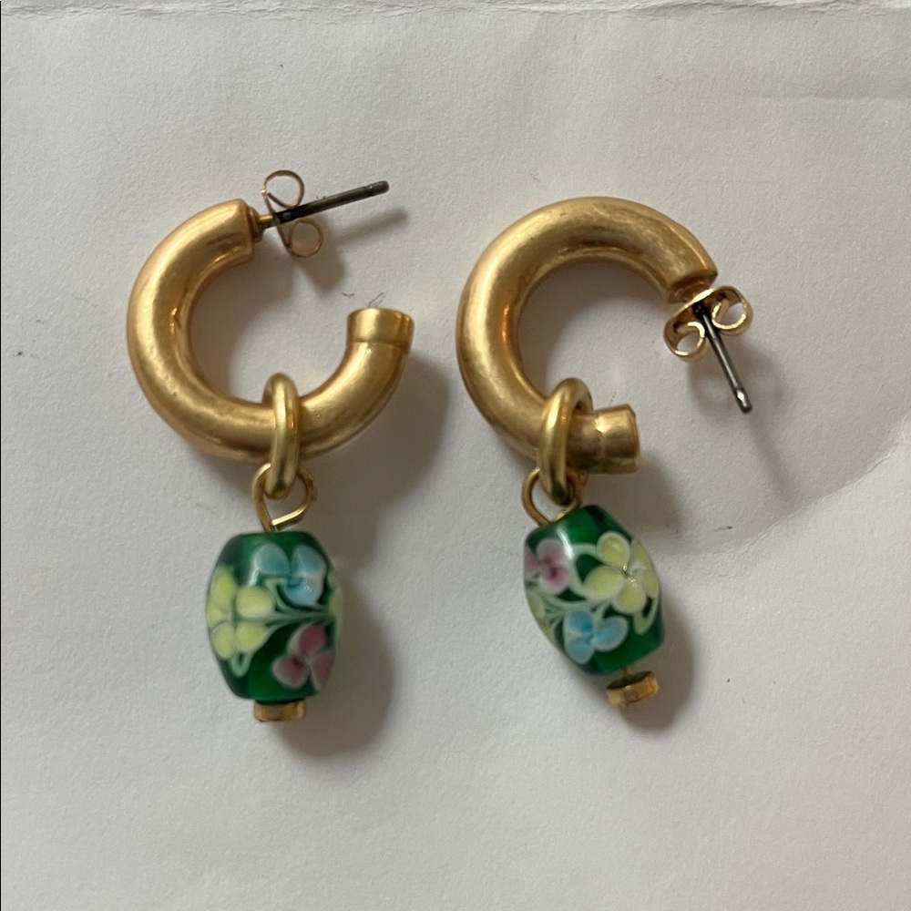 Gold Hoop Earrings with Green Floral Bead Dangles